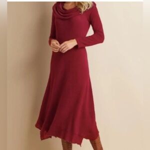 Soft Surroundings Large B’Call Red Cowl Neck Midi Dress Long Sleeve Stretch Knit